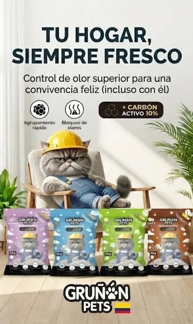 Anuncio de la arena Gruñón Pets: tu hogar, siempre fresco, con carbón activo 10 %