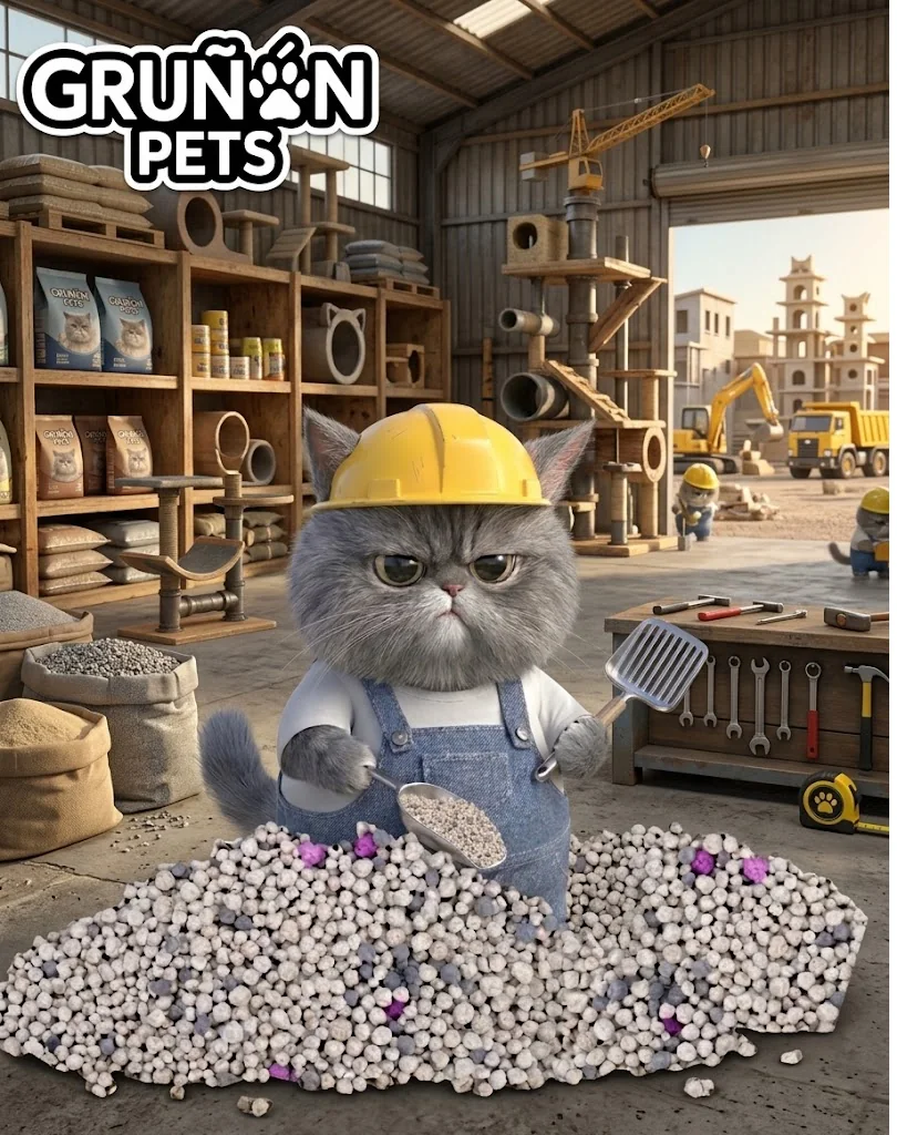 El gato capataz de Gruñón Pets, con casco amarillo y pala, frente a una montaña de arena aglomerante en su bodega