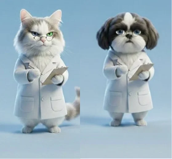 Dos inspectores de calidad con bata y tablilla, un gato y un perro