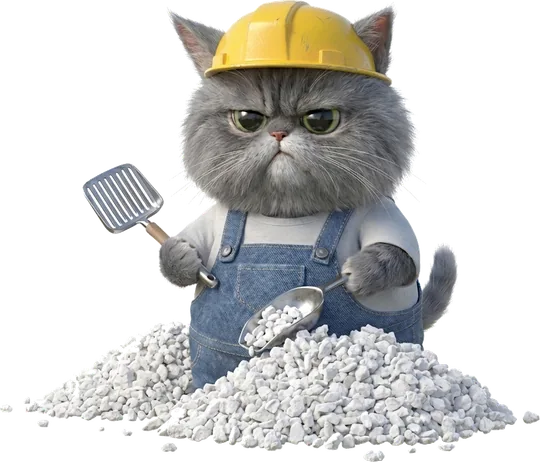 El gato capataz de Gruñón Pets con casco y pala sobre un montón de arena